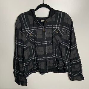 Paradise Now Button Down Palaka Floral Black White Hoodie Sweatshirt Top 2XL